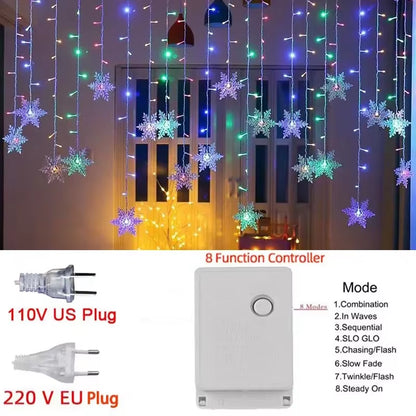 3M Christmas Light Led Snowflake Curtain Icicle Fairy String Lights Outdoor Garland Home Party Garden 2024 New Year Decoration